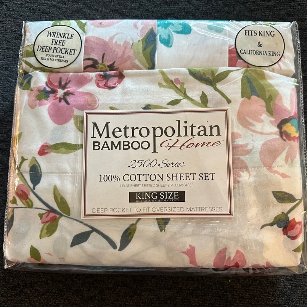 Metropolitan Bamboo Home King Sheet Set 2500 T.C. Egyptian Cotton-White Pink